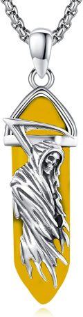 wholesale 925 Sterling Silver Yellow Agate Grim Reaper Skull Pendant Necklace-0-0