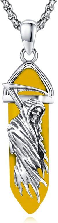wholesale 925 Sterling Silver Yellow Agate Grim Reaper Skull Pendant Necklace-Yellow