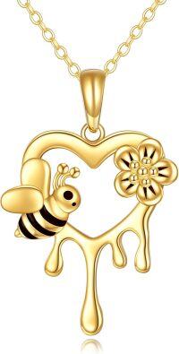 wholesale 10K Gold Honeycomb Bee & Flower Heart Pendant Necklace - Gifts for Her-D Style-Bee Necklace