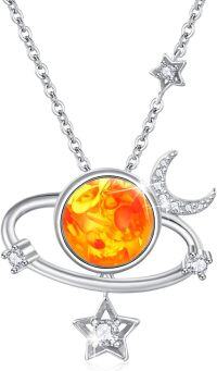wholesale 925 Sterling Silver Orange Fire Opal Star & Crescent Moon Pendant Necklace for Women-Amber Planet Necklace