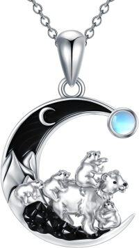 wholesale 925 Sterling Silver Moon Bear Family Necklace with Black Onyx and Blue Topaz Gemstone Pendant for Women Girls Gifts 48cm Chain Length-Mama Bear with 4 Clubs