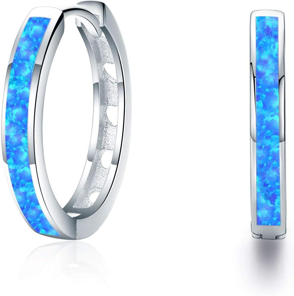Sterling Silver Simulated Opal Hoop Earrings for Women Hypoallergenic Huggie Hinged Hoops Colorful Jewelry Gift-20mm Silver Blue-20