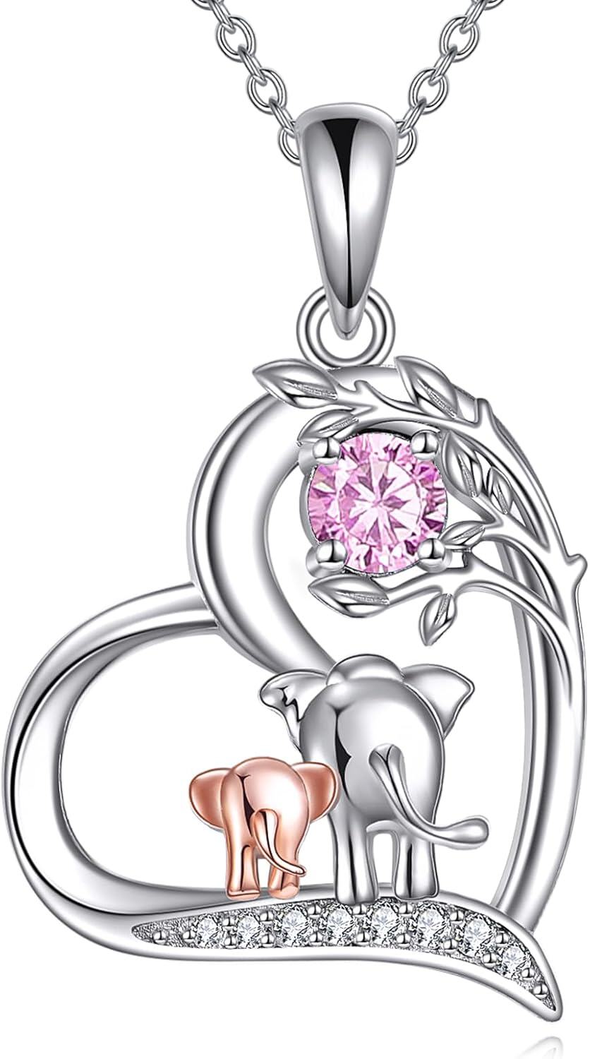  Sterling Silver Birthstone Elephant Pendant Necklace Cute Animal Jewelry Gift for Women Mom Wife -0-0