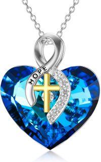 wholesale 925 Sterling Silver Metal Blue Crystal Celtic Knot Heart Pendant Necklaces with Cross Charm s for Women-Breast Cancer Awareness