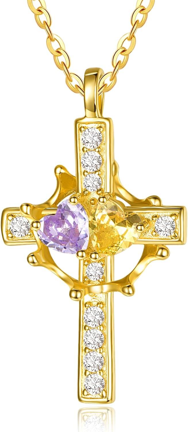 Sterling Silver Birthstones Gold Cross Necklace for Women -06-11-Jun-Nov-06-11-Jun-Nov