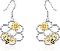 wholesale 925 Sterling Silver Honeycomb Bee Earrings for Women with Gold Flower and Crystal Dangle s-B-Bee earrings