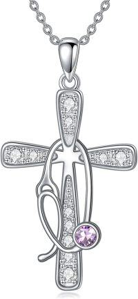 wholesale 925 Sterling Silver Birthstone Crystals Stethoscope Necklace for Nurse Doctor Medical Student-6-Jun-Alexandrite