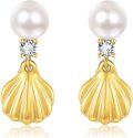 wholesale 925 Sterling Silver Shell Pearl Drop Earrings with CZ Accent - Ocean Inspired Jewelry for Women and Girls-0-0