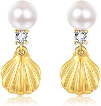 wholesale 925 Sterling Silver Shell Pearl Drop Earrings with CZ Accent - Ocean Inspired Jewelry for Women and Girls-Gold