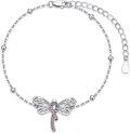 wholesale Sterling Silver Pink Austrian Crystal Dragonfly Breast Cancer Awareness Ribbon Bracelet with Adjustable Chain-0-0