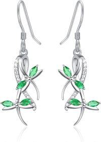 wholesale 925 Sterling Silver Green Crystal Dragonfly Drop Earrings for Women-emerald