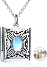 wholesale 925 Sterling Silver Square Photo Locket Pendant with Rainbow Moonstone and Chain - Mother's Day Gifts for Women-Book with Moonstone