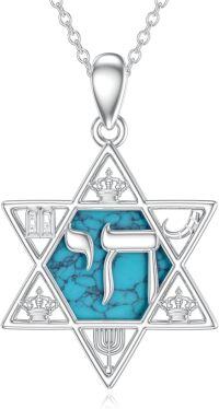 wholesale 925 Sterling Silver Turquoise Stone Jewish Star of David Pendant Necklace with Hebrew Symbols and Crown Design for Women Men  48cm Chain Length-Star of David