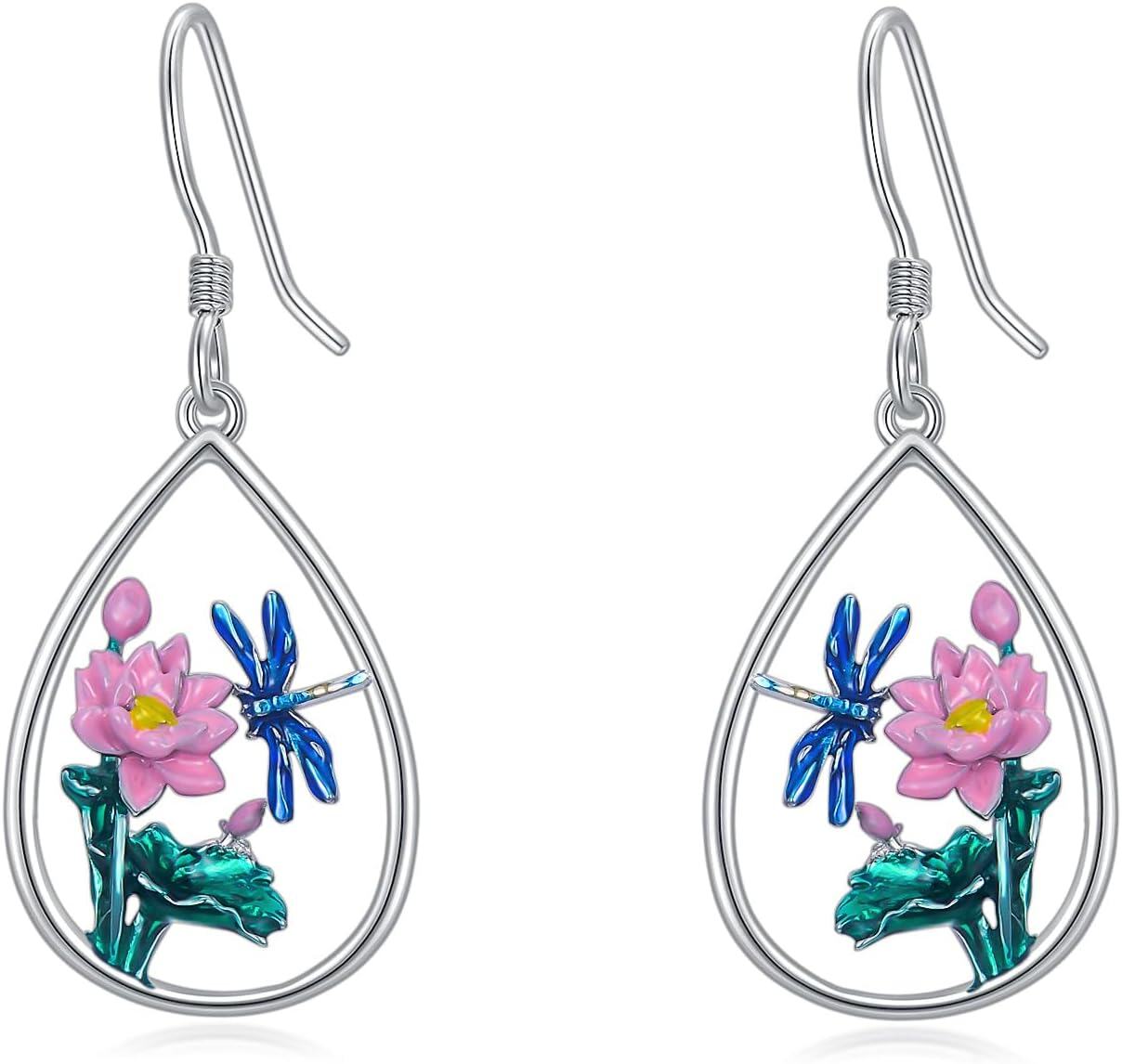 Sterling Silver Snowflake Daisies Sunflower Comedy Tragedy Mask Opera Mask Hummingbird Black Cat Dangle Earrings for Women-Dragonfly