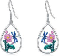 wholesale 925 Sterling Silver Dragonfly Lotus Flower Teardrop Drop Earrings for Women-Dragonfly