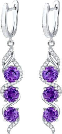 wholesale Sterling Silver 5mm Round Cut Genuine Created Gemstone Leverback 3 Birthstone Dangle Earrings-Amethyst