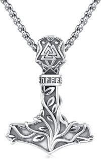 wholesale Sterling Silver Viking Necklace with Mjolnir Yggdrasil Wolf Deer Raven Dragon Pendant Norse Jewelry Gifts-M01 - Silver Thors Hammer