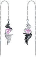 wholesale 925 Sterling Silver Pink Heart Angel Wing Threader Drop Earrings with Black CZ Accents and White Cubic Zirconia Stones-0-0