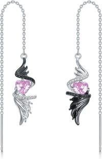 wholesale 925 Sterling Silver Pink Heart Angel Wing Threader Drop Earrings with Black CZ Accents and White Cubic Zirconia Stones-Angel Devil Wings