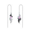 wholesale 925 Sterling Silver Pink Heart Angel Wing Threader Drop Earrings with Black CZ Accents and White Cubic Zirconia Stones-0-0