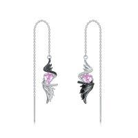 wholesale 925 Sterling Silver Pink Heart Angel Wing Threader Drop Earrings with Black CZ Accents and White Cubic Zirconia Stones-Angel Devil Wings