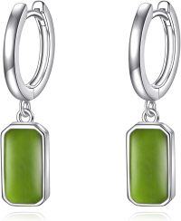 wholesale 925 Sterling Silver Green Jade Rectangle Drop Huggie Hoop Earrings-Peridot