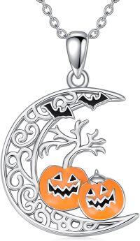 wholesale 925 Sterling Silver Crescent Moon with Pumpkins and Bats Pendant Necklace - Halloween s for Women-Pumpkin