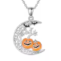 wholesale 925 Sterling Silver Crescent Moon with Pumpkins and Bats Pendant Necklace - Halloween s for Women-0-0