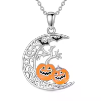 wholesale 925 Sterling Silver Crescent Moon with Pumpkins and Bats Pendant Necklace - Halloween s for Women-Pumpkin