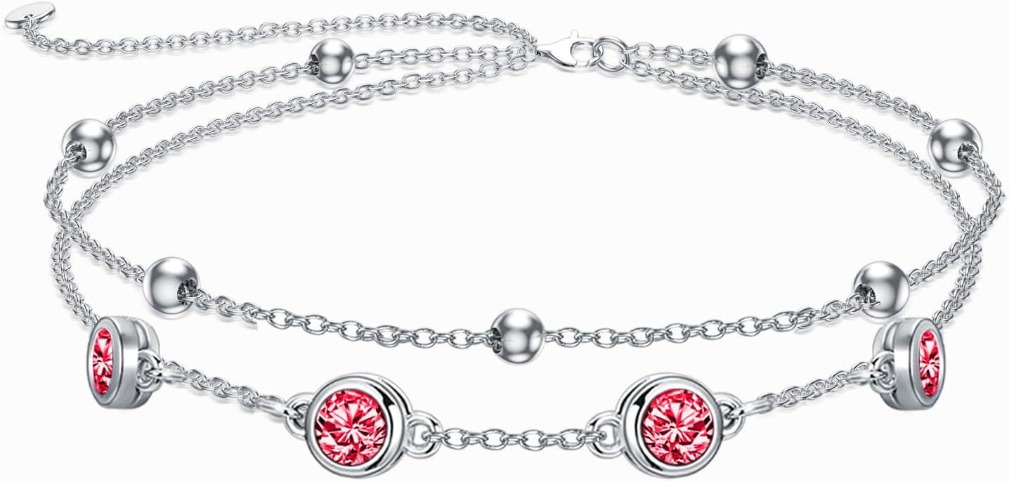 Sterling Silver Birthstone Anklet Bracelets for Women Gifts-07-Ruby Anklet 9\"-11\"