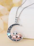 wholesale 925 Sterling Silver Sloth and Panda on Crescent Moon Charm Necklace with Blue Stone Accent-0-2