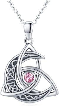 wholesale 925 Sterling Silver Celtic Moon Trinity Knot Pendant Birthstone Necklace-10-Oct-Tourmaline