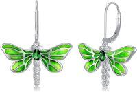 wholesale Sterling Silver Gemstone Dragonfly Leverback Drop Dangle Earrings for Women-Emerald