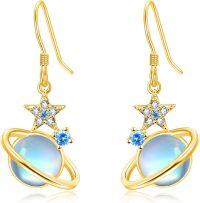 wholesale 925 Sterling Silver Moonstone Planet & Star Drop Earrings - Celestial Jewelry for Women-Gold Planet