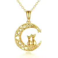 wholesale 14K Gold Moon & Cats Pendant Necklaces Wholesale for Women Cat Lovers Gifts Jewelry-Moon Two Cat Necklace