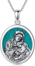 wholesale 925 Sterling Silver Round Genuine Turquoise Saint Joseph and Child Pendant Necklace-0-0