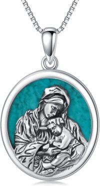 wholesale 925 Sterling Silver Round Genuine Turquoise Saint Joseph and Child Pendant Necklace-Virgin Mary