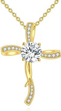 wholesale 18K Gold Plated S925 Sterling Silver Cross Pendant Necklace with Moissanite & Zircon-Cross Gold