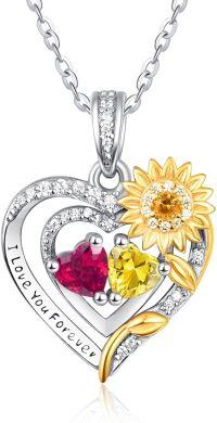 wholesale Sterling Silver 2 Birthstones Sunflower Heart Necklace for Women-07-11-Jul-Nov
