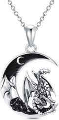 wholesale 925 Sterling Silver Crescent Moon Dragon Pendant Necklace for Women Men Gothic Style  48cm Chain Length-0-0