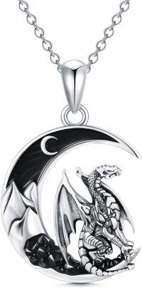 wholesale 925 Sterling Silver Crescent Moon Dragon Pendant Necklace for Women Men Gothic Style  48cm Chain Length-Dragon