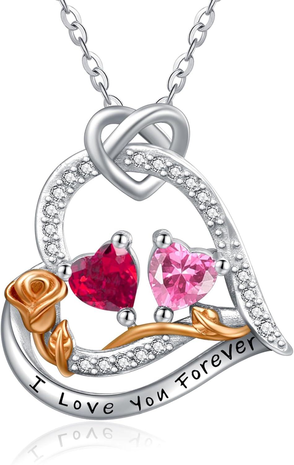  Sterling Silver 2 Birthstones Rose Heart Necklace for Women -07-10-Jul-Oct