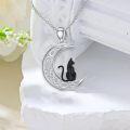 wholesale 925 Sterling Silver Crescent Moon Black Cat Pendant Necklace with Cubic Zirconia for Women-0-3
