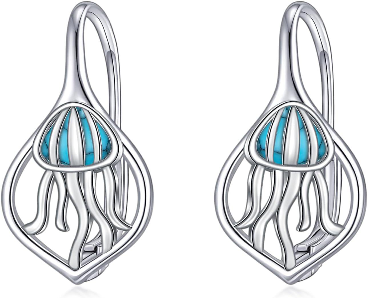 Sterling Silver Turquoise Sea Animal Dangle Earrings-09-Jellyfish Turquoise