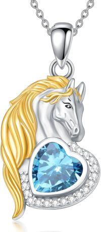 wholesale 925 Sterling Silver Synthetic Birthstone Horse Pendant Necklace Gift for Women-December - Blue Topaz