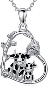 wholesale 925 Sterling Silver Cutie Cow Family with Rose and Vine Charm Necklace for Women Girls  43cm Chain Length-Cow