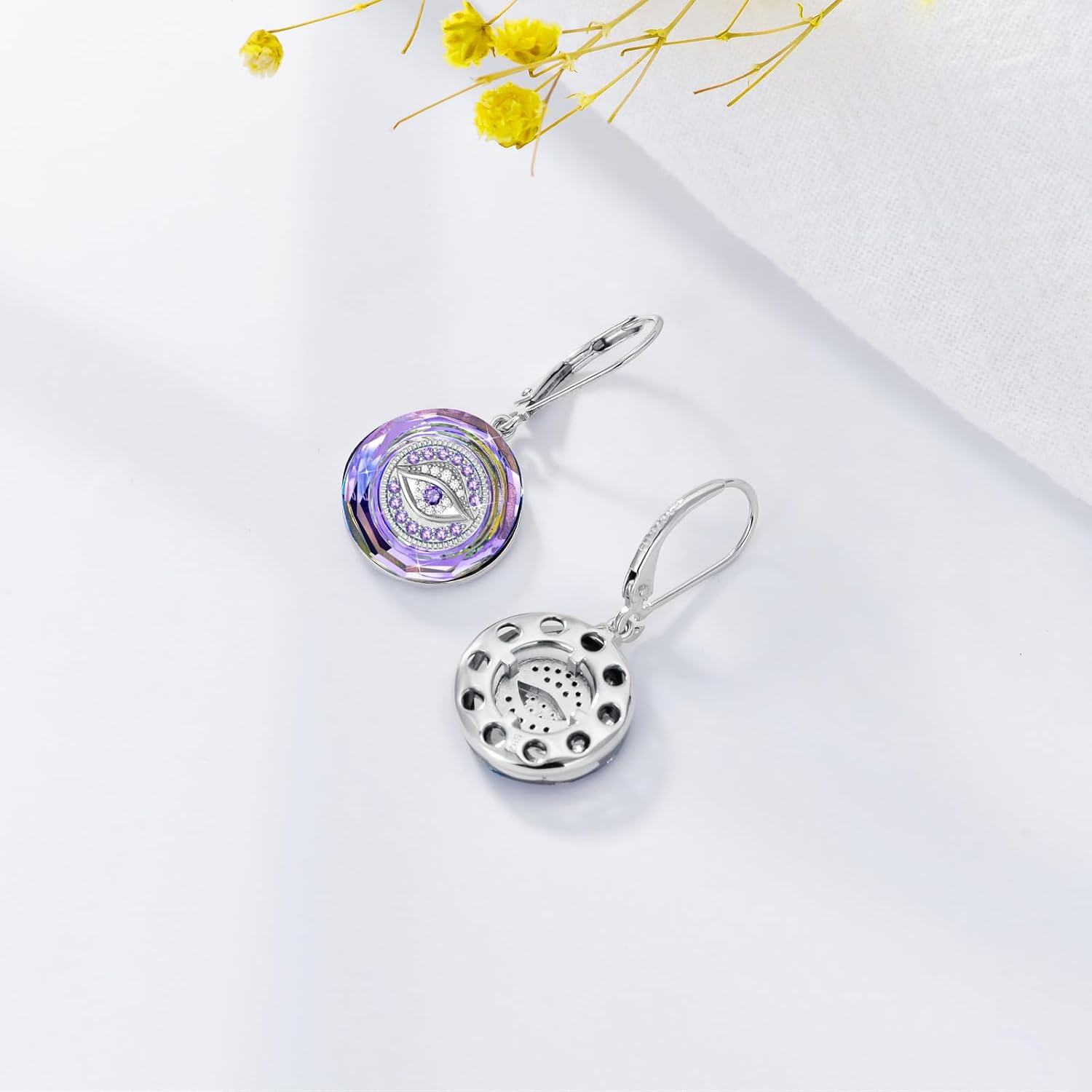 wholesale 925 Sterling Silver Purple Crystal Evil Eye Leverback Drop Dangle Earrings for Women-0-2