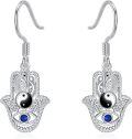 wholesale 925 Sterling Silver Yin Yang Hamsa Hand Drop Earrings with Blue Crystal Eyes and Filigree Design-0-0