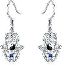 wholesale 925 Sterling Silver Yin Yang Hamsa Hand Drop Earrings with Blue Crystal Eyes and Filigree Design-Yin Yang Hamsa