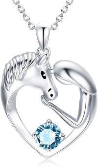 wholesale 925 Sterling Silver Birthstone Crystal Horse Heart Necklace Women s Jewelry Gift-C-March-Aquamarine